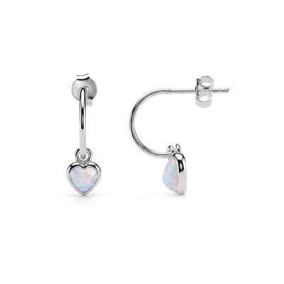 Sterling Silver Synthetic White Opal Heart Dangle Earrings