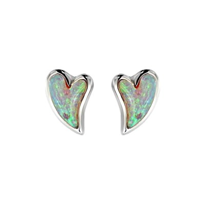 Sterling Silver Synthetic White Opal Heart Stud Earrings