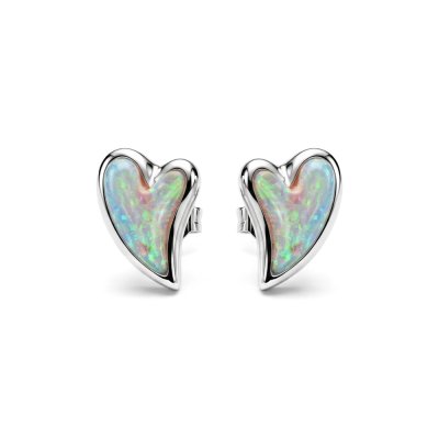 Sterling Silver Synthetic White Opal Heart Stud Earrings