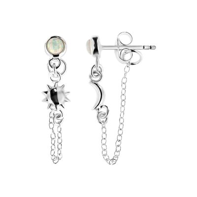 Sterling Silver Synthetic White Opal Celestial Moon and Sun Earrings