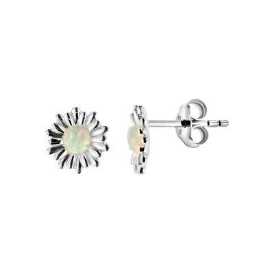 Sterling Silver Synthetic White Opal Flower Stud Earrings
