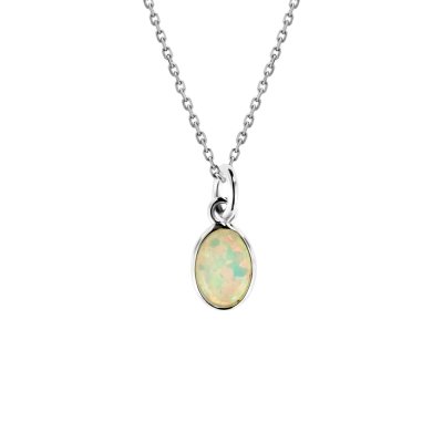Sterling Silver Synthetic White Opal Oval Pendant With Chain 18 Inches