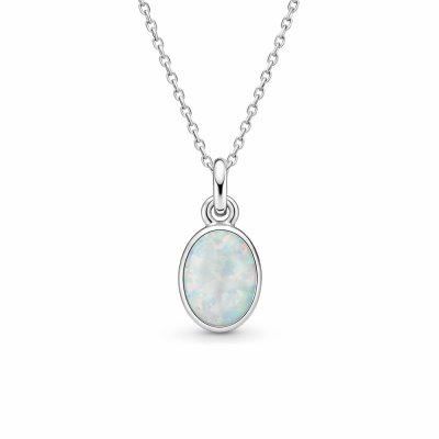 Sterling Silver Synthetic White Opal Oval Pendant With Chain 18 Inches