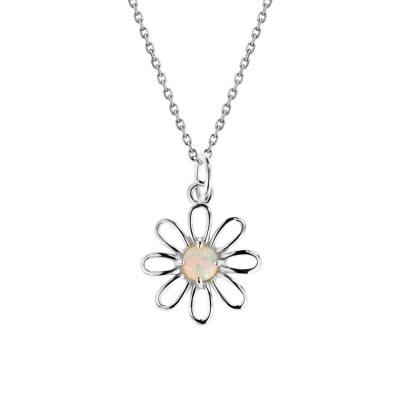 Sterling Silver Synthetic White Opal Flower Pendant With Chain 18 Inches