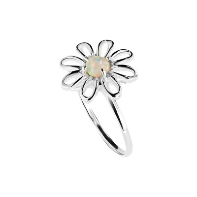 Sterling Silver Synthetic White Opal Daisy Garden Ring