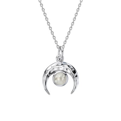 Synthetic Opal 925 Sterling Silver Vintage Crescent Moon Boho Pendant Necklace
