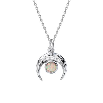 Synthetic Opal 925 Sterling Silver Vintage Crescent Moon Boho Pendant Necklace