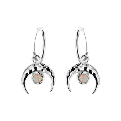 Sterling Silver Synthetic White Opal Crescent Moon Boho Huggies Hoops