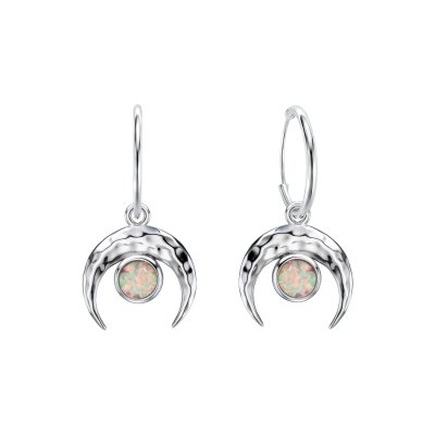 Synthetic Opal 925 Sterling Silver Vintage Crescent Moon Boho Huggie Hoop Earrings