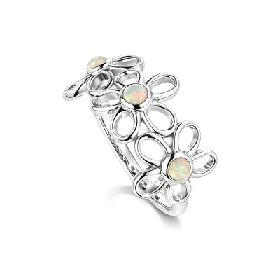 Sterling Silver Synthetic White Opal Flower Ring