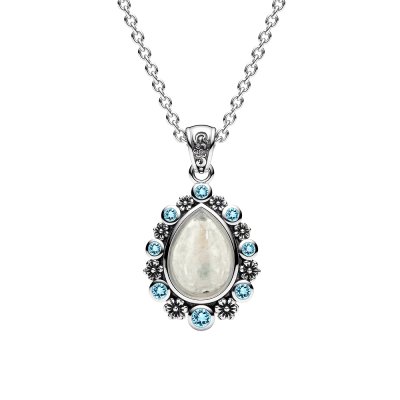Sterling Silver Rainbow Moonstone and Swiss Blue Topaz Floral Pendant with Chain 18 Inches