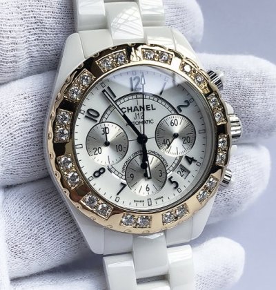กรอบเพชร CHANEL J12 Chronograph 18K PG 41mm เพชร 24 เม็ด