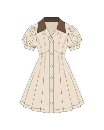 TYT-Puff Sleeve Contrast Collar Dress-Cream