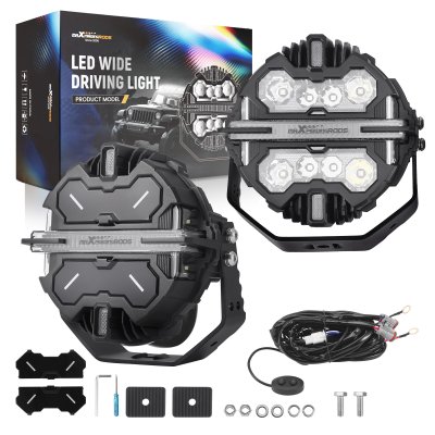 ไฟสปอตไลท์เสริม LED ทรงกลม 7 นิ้ว 250W คู่ | ไฟหลักสีขาว + DRL + RGB | IP68 ลำแสงสปอต + ด้านข้าง | MaXpeedingrods