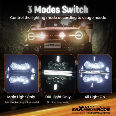 สปอตไลท์ 7 นิ้ว ทรงกลม ขับรถเสริมแสงสีขาวหลัก + สีเหลืองอําพัน/สีขาว | คู่ 190W | IP68 Spot Beam & Side Shooter