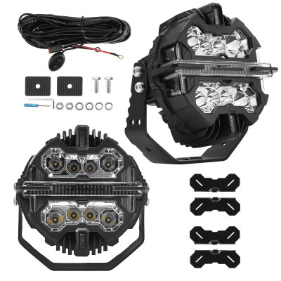 สปอตไลท์ 7 นิ้ว ทรงกลม ขับรถเสริมแสงสีขาวหลัก + สีเหลืองอําพัน/สีขาว | คู่ 190W | IP68 Spot Beam & Side Shooter