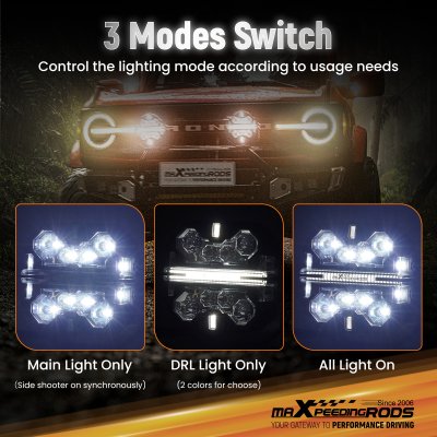 สปอตไลท์ 7 นิ้ว ทรงสี่เหลี่ยม ขับรถเสริมแสงสีขาวหลัก + สีเหลืองอําพัน/สีขาว | คู่ 190W | IP68 Spot Beam & Side Shooter