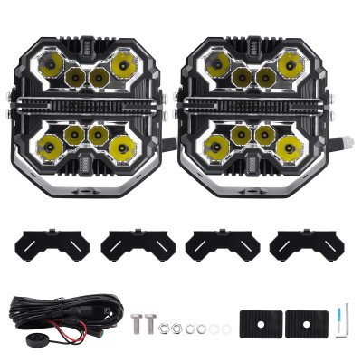 สปอตไลท์ 7 นิ้ว ทรงสี่เหลี่ยม ขับรถเสริมแสงสีขาวหลัก + สีเหลืองอําพัน/สีขาว | คู่ 190W | IP68 Spot Beam & Side Shooter