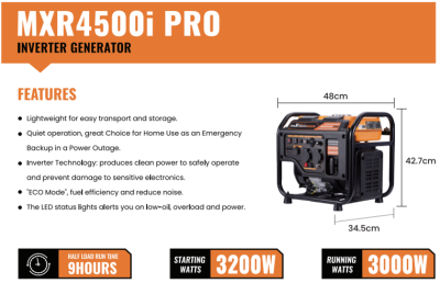 maXpeedingrods เครื่องปั่นไฟ 3200 วัตต์ 3200-Watt เครื่องกำเนิดไฟ Outdoor Camping อินเวอร์เตอร์ เครื่องยนต์ 145cc 4 จังหวะ OHV Quiet Digital Generator 3.2KW Motorhome