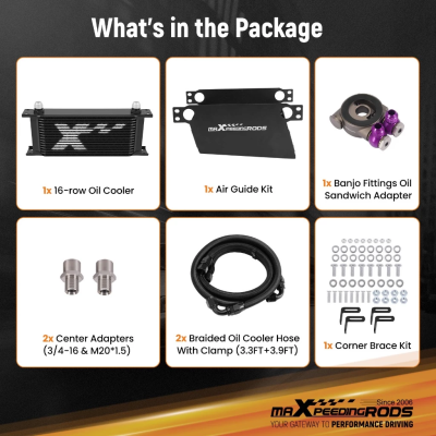 【16-ROW SET】Universal oil cooler ชุดออยคูลเลอร์น้ำมันเครื่อง 16 แถว AN10 พร้อมแอร์ไกด์ เทอร์โมสแตท แซนด์วิชเพลท สายถัก รถแต่ง รับประกันไทย