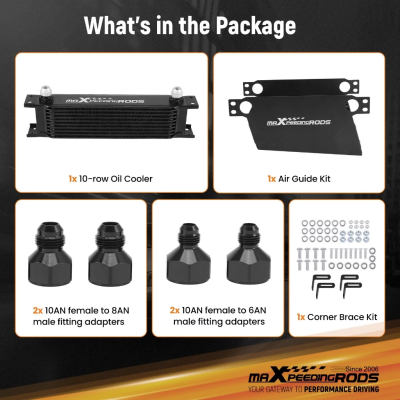 【10-Row】Universal oil cooler ชุดออยคูลเลอร์ 10 แถว AN10 อลูมิเนียม แบบ British พร้อมแอร์ไกด์ ขายึด ข้อต่อ AN8/AN6 ระบายความร้อนเครื่องยนต์ รถแต่ง รับประกันไทย