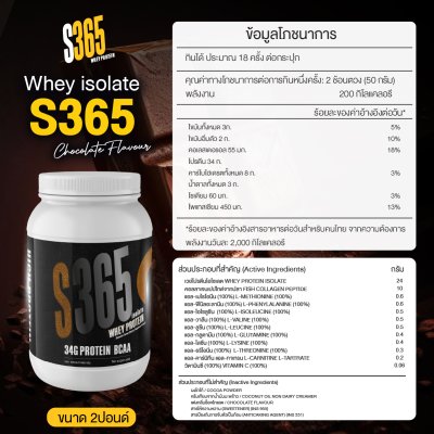 S365 Isolate Whey Protein 2 Lb (Chocolate) เวย์โปรตีนไอโซเลท รสชาติช็อกโกแลต [BCAA+VitC+Collagen](copy)