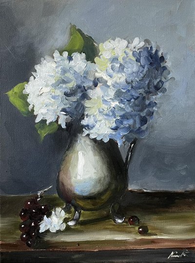 Hydrangea in a silver vase