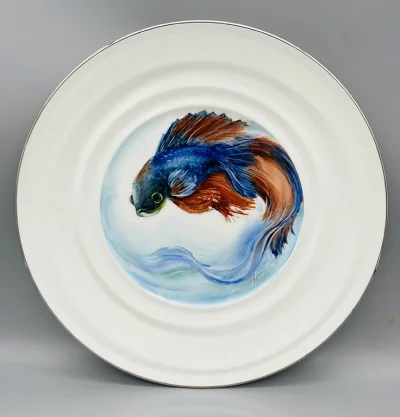 White with Silver Rimmed Plate-Siamese Fish