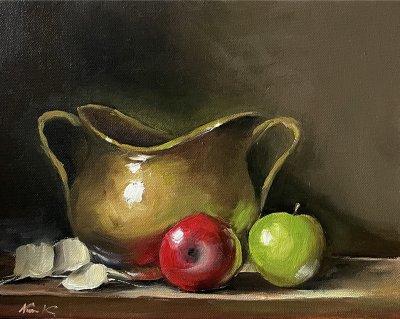 copper pot and apples