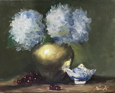 Hydrangea in a brass vase