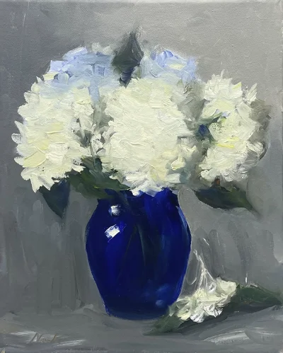 blue vase and hydrangea