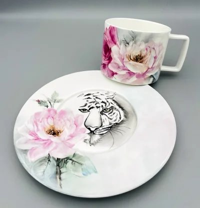 White Tiger & Blush Rose Porcelain Duo Set
