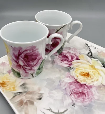 Luxury Set of Plate and Mugs (Yellow and Pink Roses)
