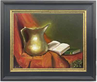 Copper vase and book