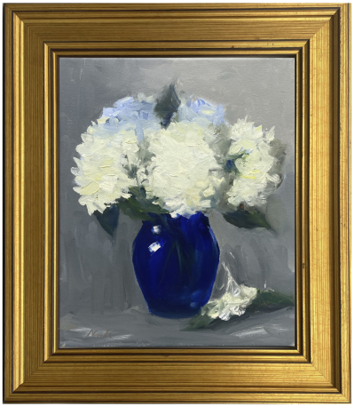 blue vase and hydrangea