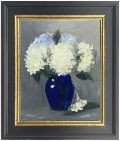 blue vase and hydrangea
