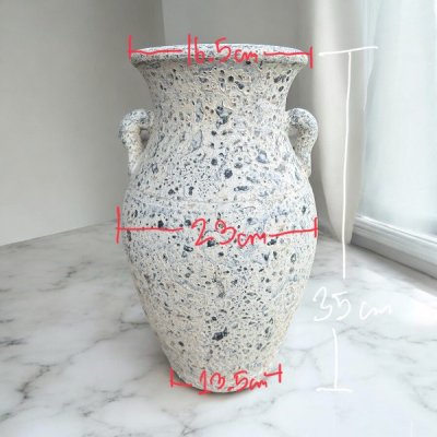Vase แจกันดินเผาปากบาน มีหู 2 หู สีขาวเก่า ขนาด 23 x 35 cm.