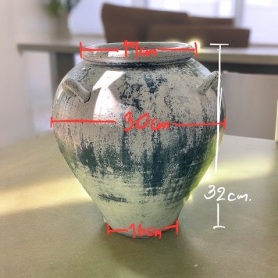 Vase แจกันโอ่งดินเผาอ้วน มีหู 4 หู ขนาด  30 x 32 cm.