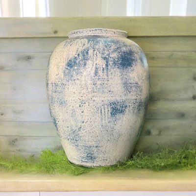 Vase แจกันดินเผาทรงไหอ้วนเรียบ สีขาวเก่า ขนาด 23 x 29 cm.