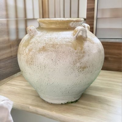 Vase แจกันดินเผาทรงโอ่งแป้นเตี้ย มีหู 4 หู ขนาด 24 x 23 cm.