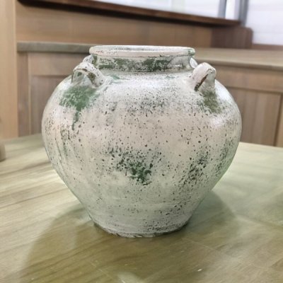 Vase แจกันดินเผาทรงโอ่งแป้นเตี้ย มีหู 4 หู ขนาด 24 x 23 cm.