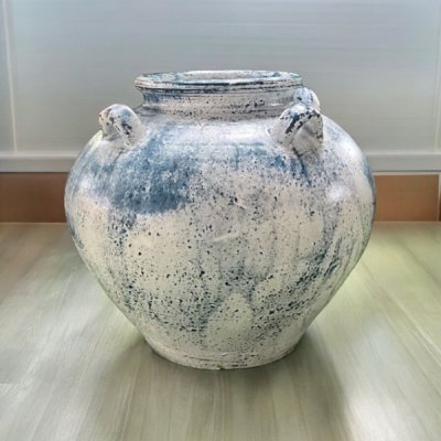 Vase แจกันดินเผาทรงโอ่งแป้นเตี้ย มีหู 4 หู ขนาด 24 x 23 cm.