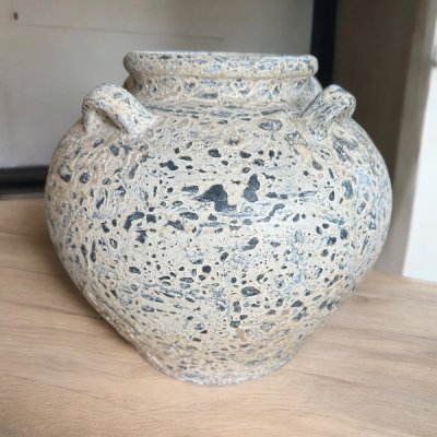 Vase แจกันดินเผาทรงโอ่งแป้นเตี้ย มีหู 4 หู ขนาด 24 x 23 cm.