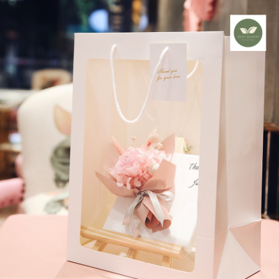 ถุงบรรจุภัณฑ์สีชมพูถุงหน้าต่างของขวัญดอกไม้ ถุงกระดาษ ถุงของขวัญ ถุงกระดาษหูหิ้วขนาด กระเป๋าหน้าต่างใหญ่  35*25*15cm
