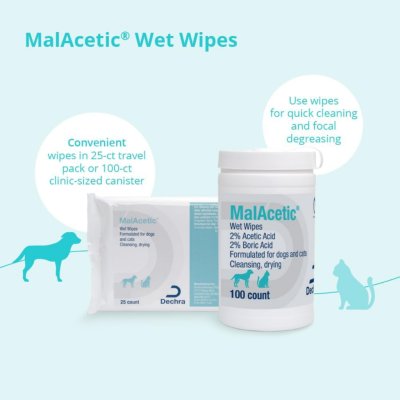 Dechra MalAcetic wet wipes 25 ชิ้น ผ้าเช็ดทำความสะอาดแบบเปียกช่วยปรับสภาพผิวให้เหมาะสมต่อความสม ของจุลชีพ