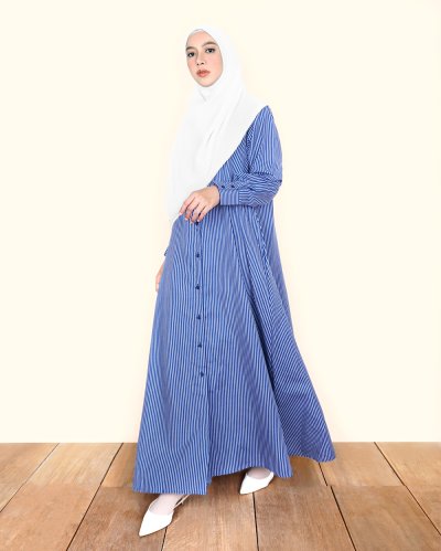 REEM STRIPE COTTON DRESS- NAVY BLUE