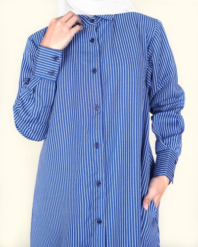 REEM STRIPE COTTON DRESS- NAVY BLUE