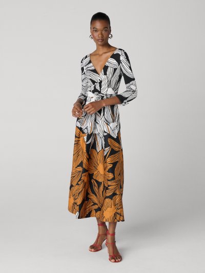 DVF	BALLERINA WRAP DRESS TIGER LILY BLACK PLACEMENT