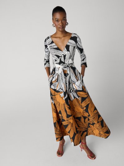 DVF	BALLERINA WRAP DRESS TIGER LILY BLACK PLACEMENT