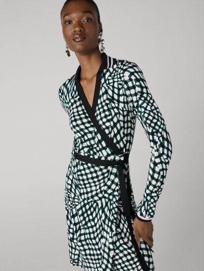 DVF	HOLLY WRAP DRESS FLOATING PLAID MINI WHITE